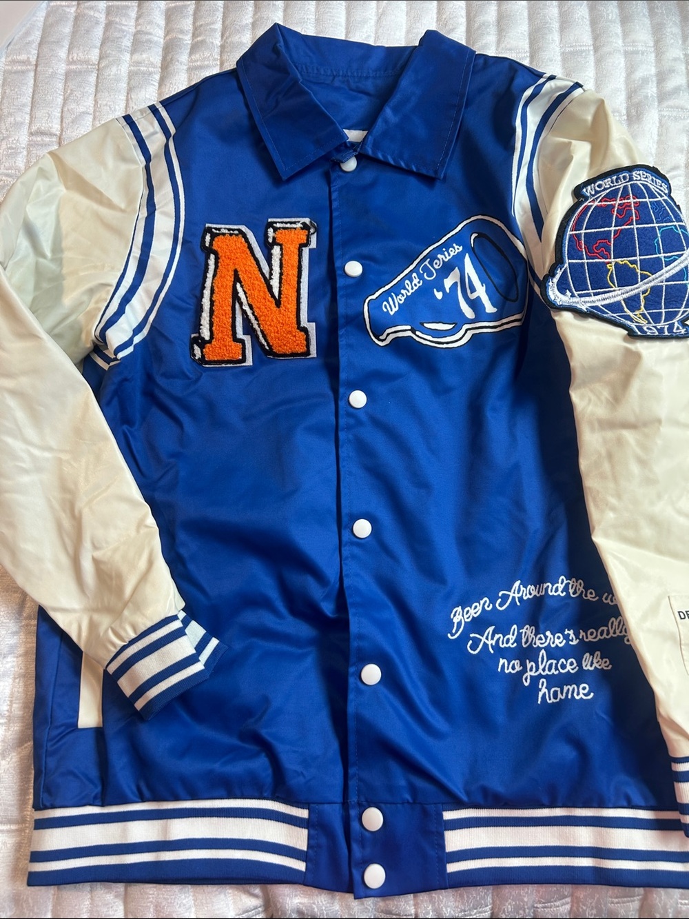 Blue and White Varsity Neutrals Jacket Size Small Patches